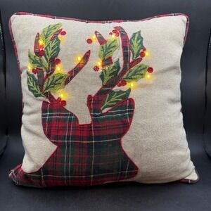 Pier 1‎ One Plaid Deer Pillow Light Up EUC 16" Zip closure Christmas Wool